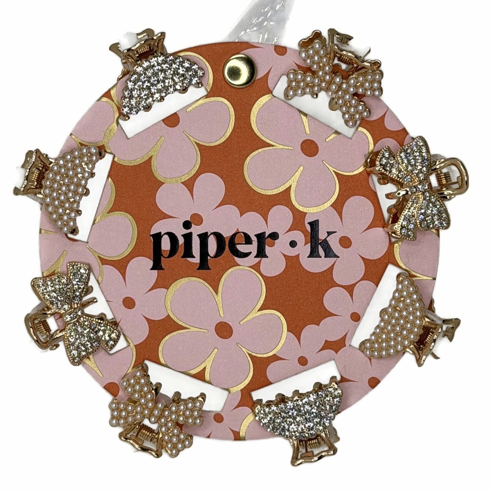 Piper K Gold Tone faux Pearl Silver Rhinestones Mini Hair Claw Clips Set of 8